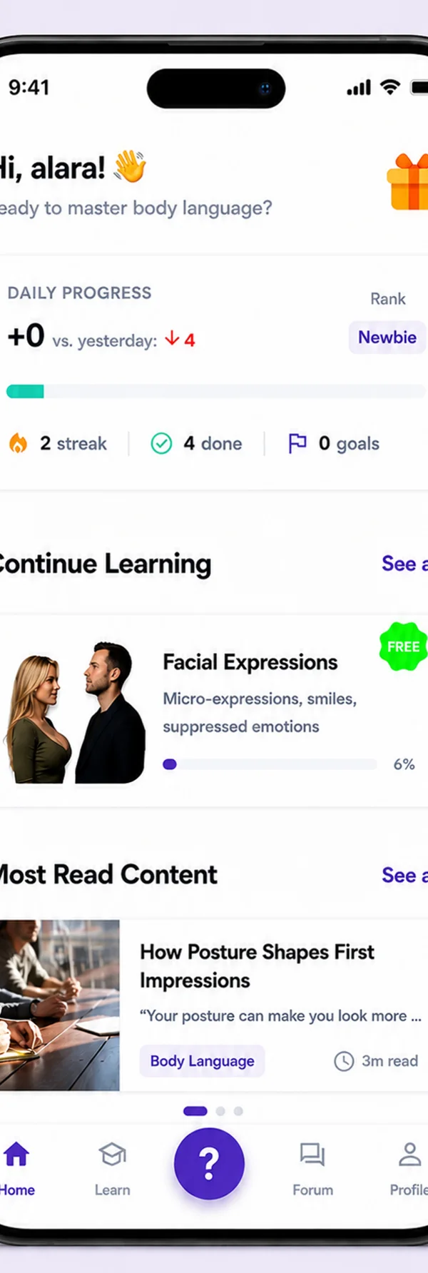 Body Language app home screen showing daily progress and lessons