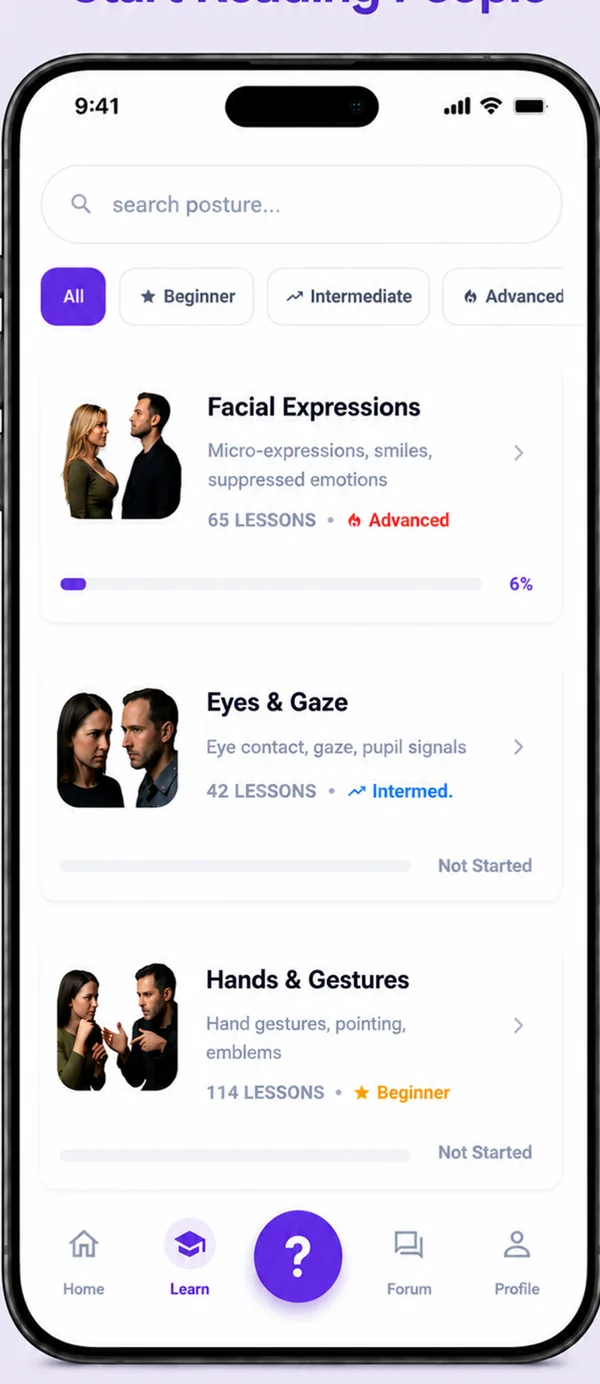 Body Language lesson library with facial expression, eye contact, and gesture courses