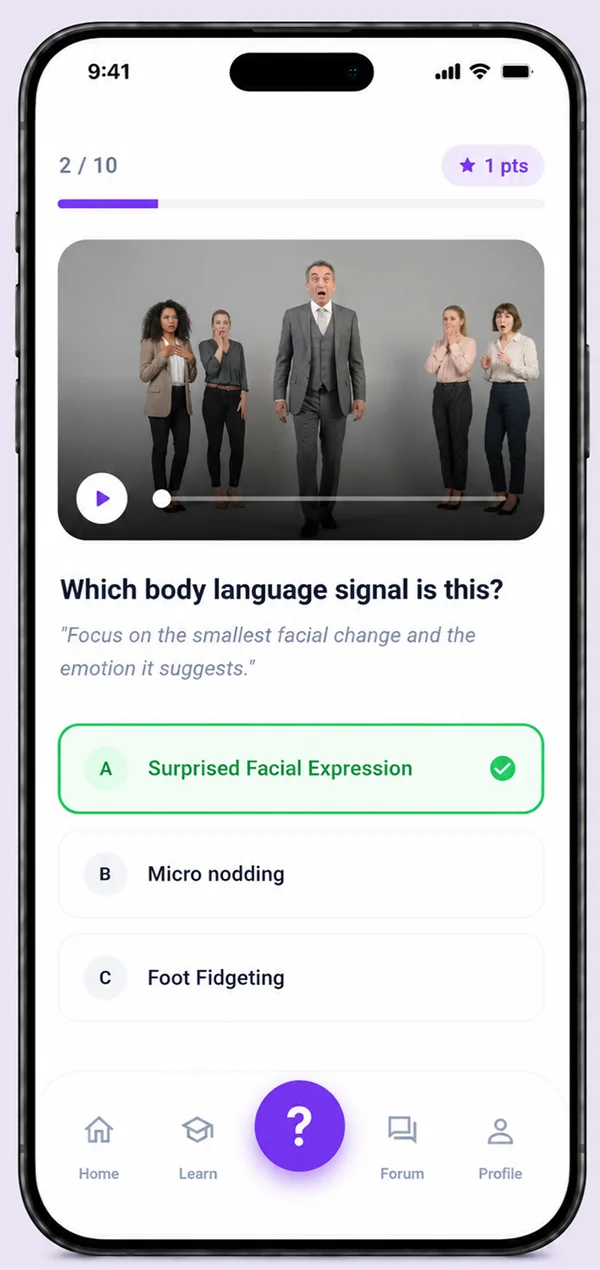 A video body language quiz inside the app